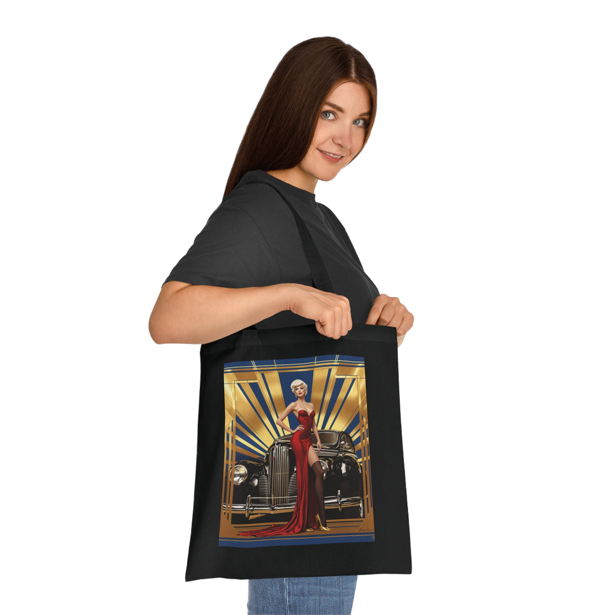 Vintage Glamour Cotton Tote Bag showcasing vibrant artistic design on both sides.