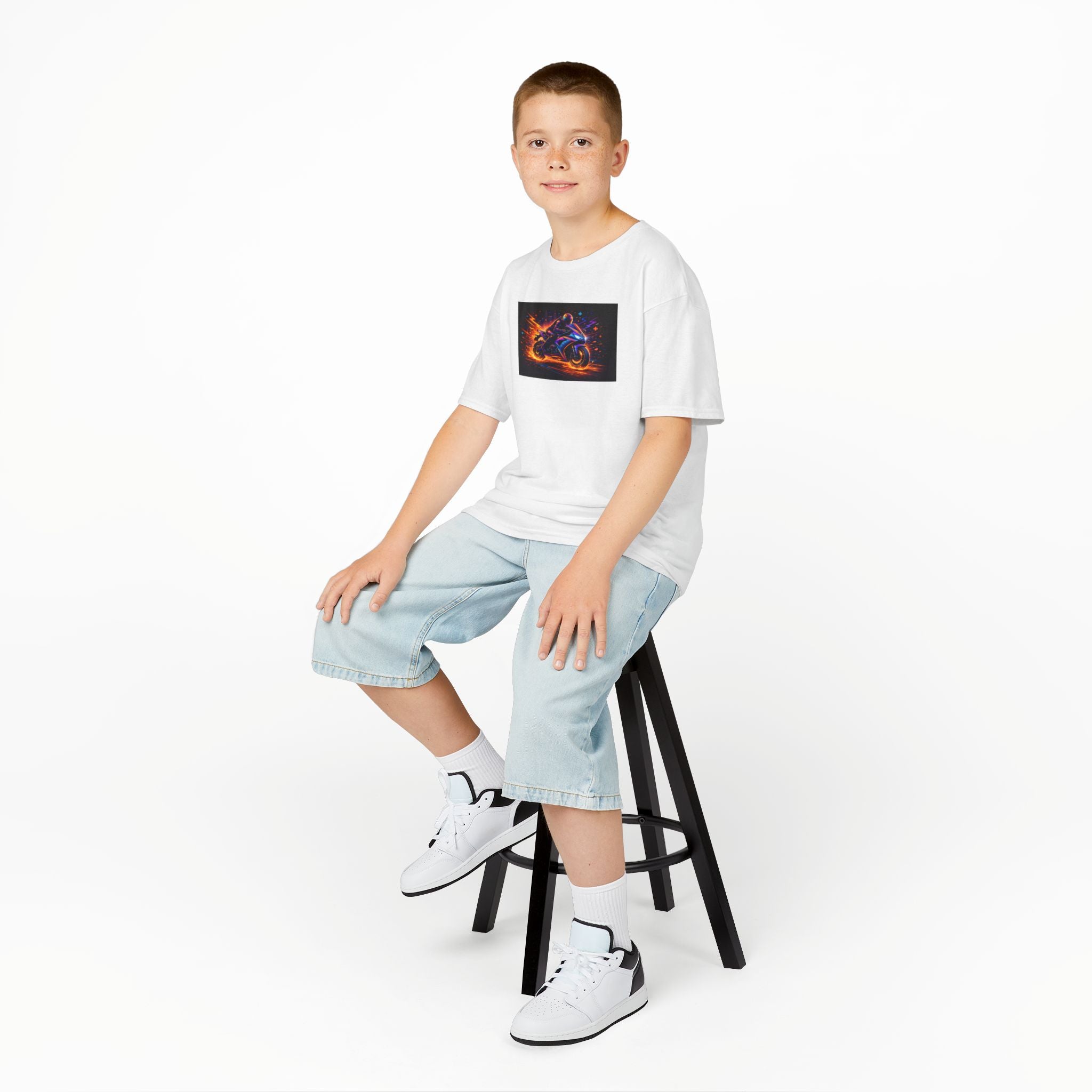 Kids Motorcycle Flame Tee — Neon Fire Racing Bike Graphic