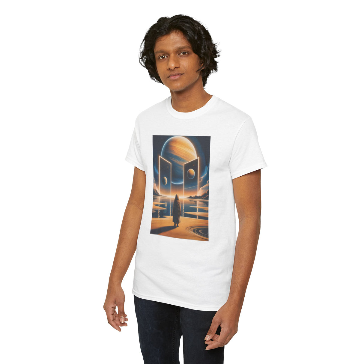 T-Shirt — Cosmic Portal Nightscape Graphic Tee worn casually, highlighting its relaxed fit and soft fabric.