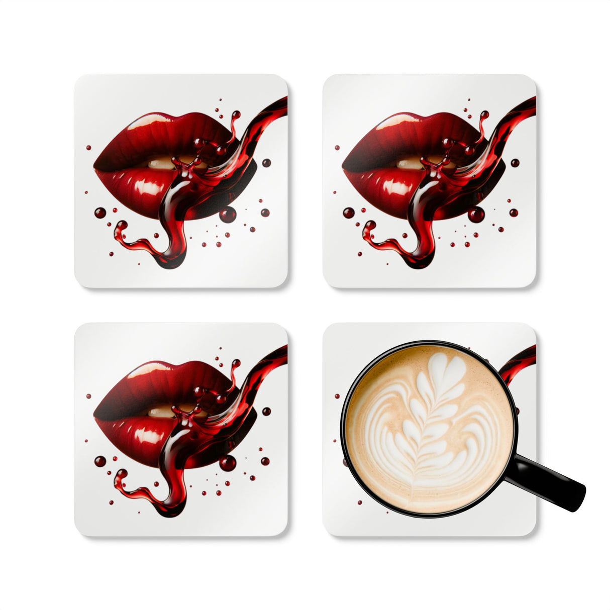Durable Cork Coaster Set with anti-slip backing — protects surfaces while adding flair with red wine lips splash.