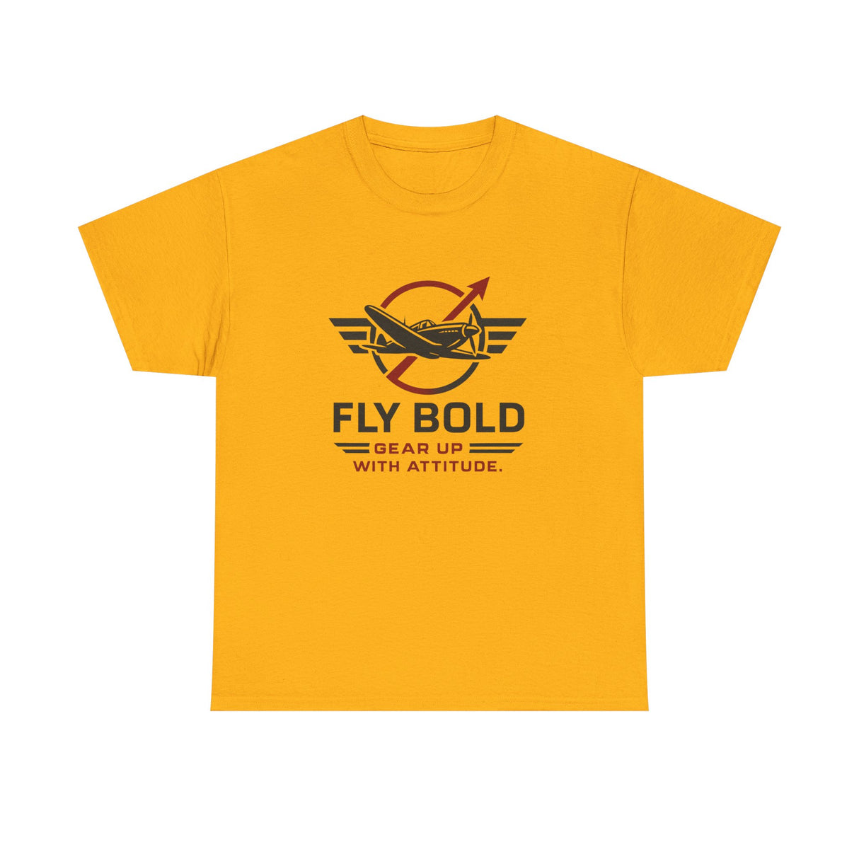 Close-up of the 'Fly Bold: Gear Up With Attitude' slogan on the vintage airplane T-shirt.