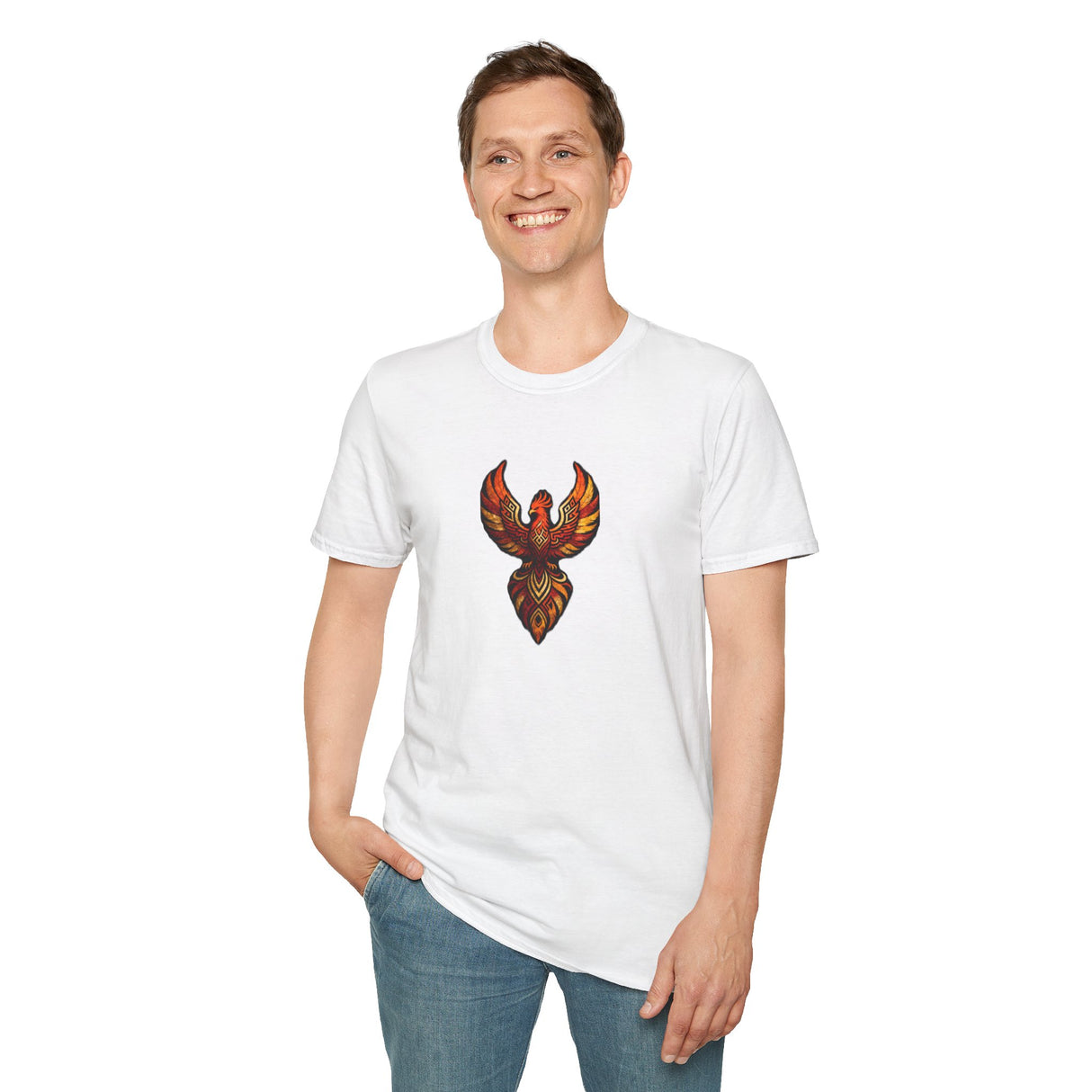 Phoenix Tribal Graphic T-Shirt Fiery Bird Design Tee in urban setting, featuring a vibrant phoenix design