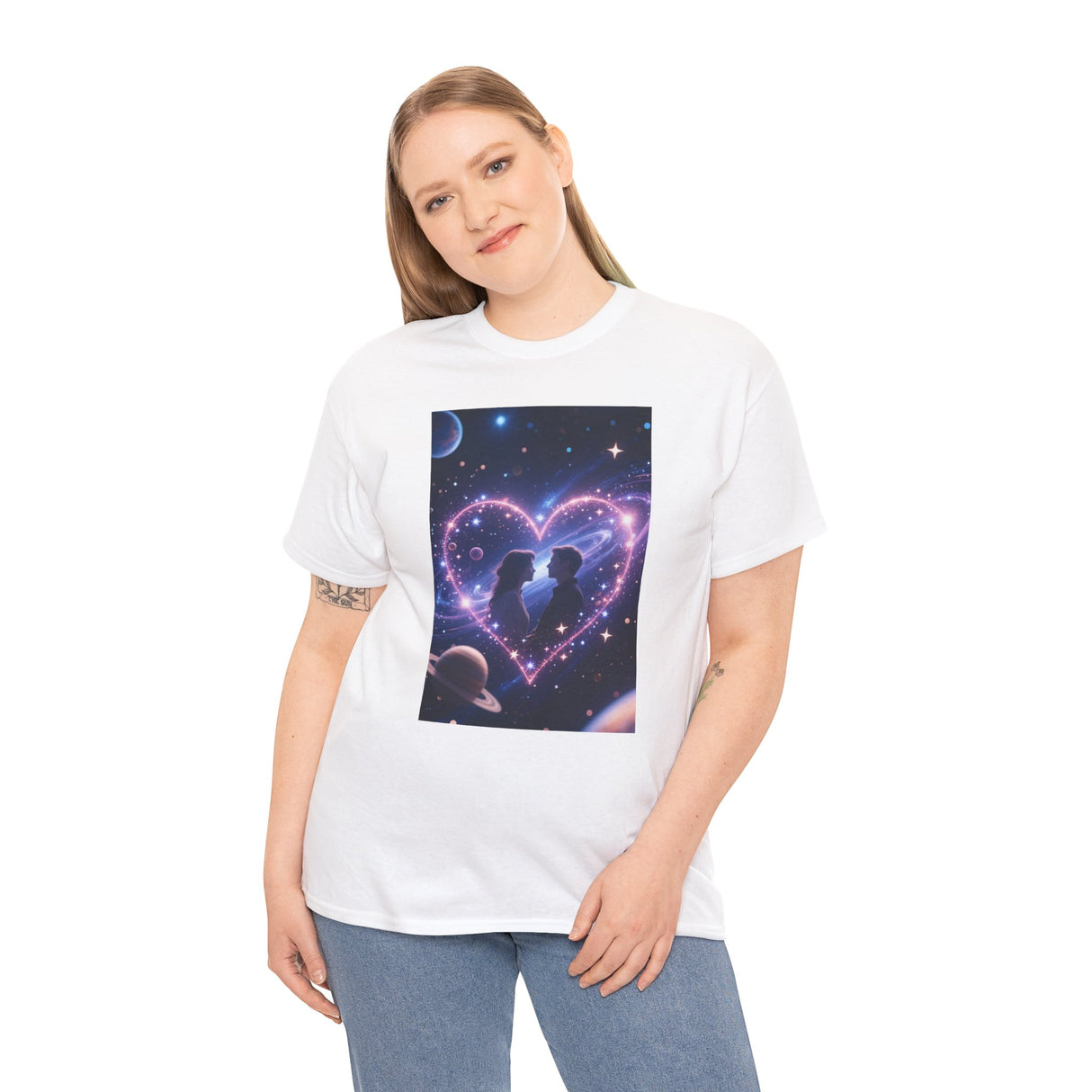 Couple wearing matching Galaxy Heart Couple T-Shirts in a starlit setting, capturing a romantic vibe.