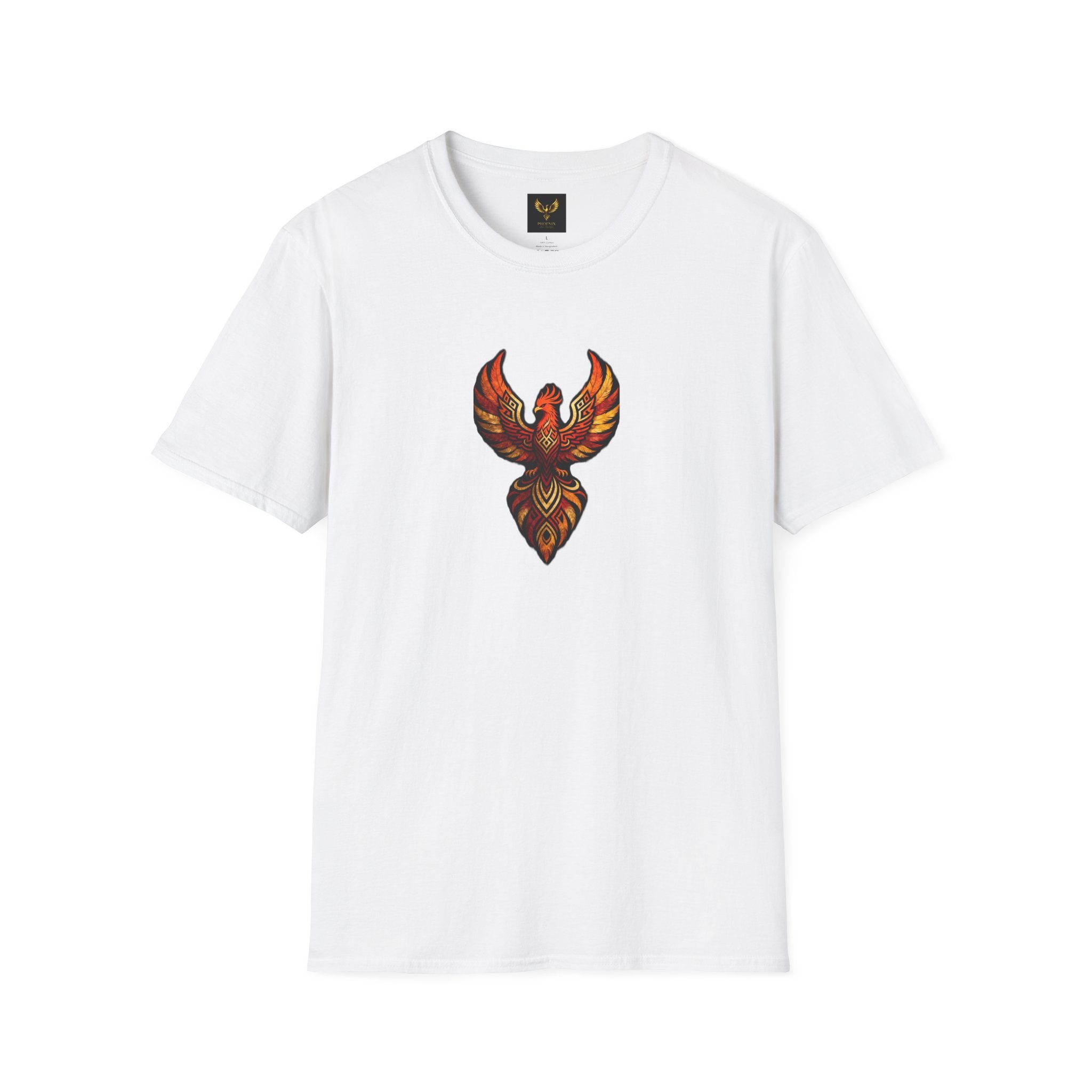 Phoenix Tribal Graphic T-Shirt Fiery Bird Design Tee in urban setting, featuring a vibrant phoenix design