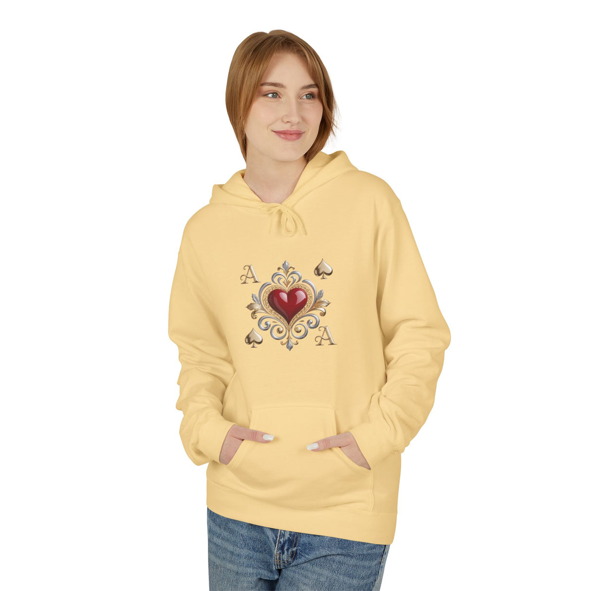 Back view of Ace of Hearts Decorative Hoodie highlighting the soft fabric and dropped shoulder silhouette.