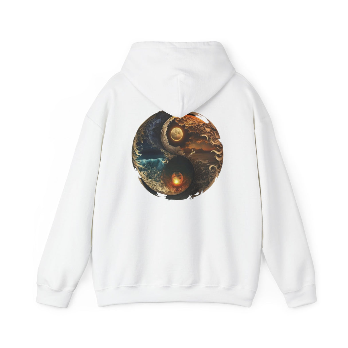 The Yin Yang Moon & Sun Hoodie against a scenic backdrop, perfect for foggy mornings.