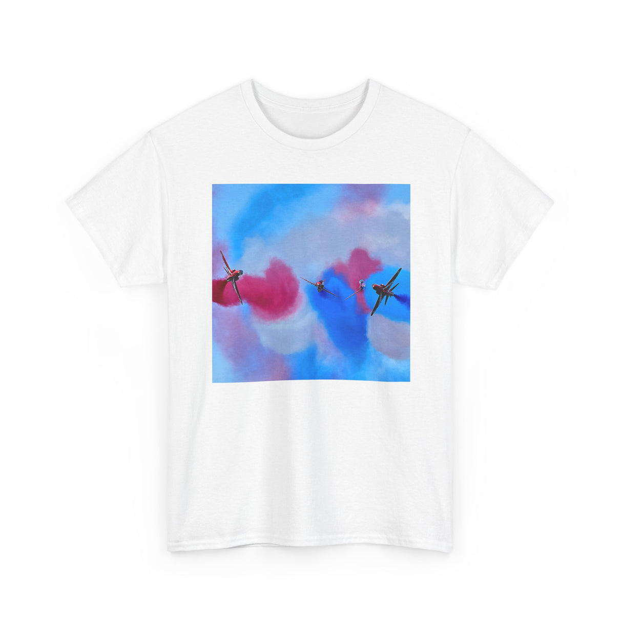 Aerial Smoke Display Tee — Blue & Pink Airshow Pilots T‑Shirt with vibrant pink and blue smoke design showcased against a plain background.