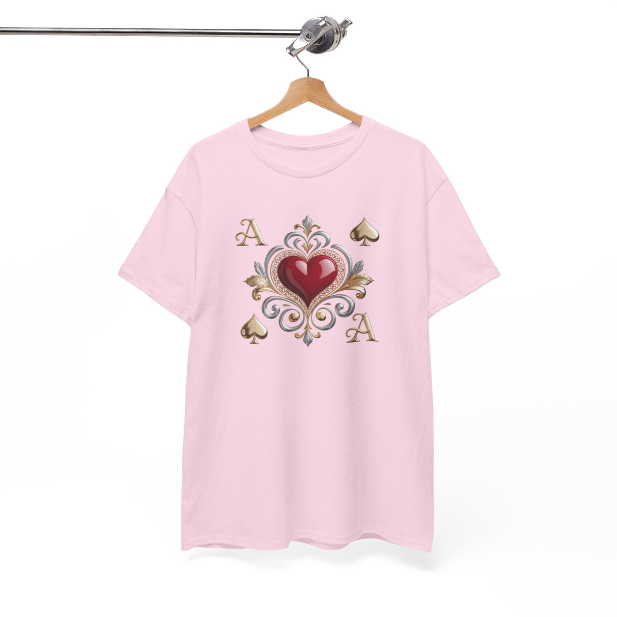 Close-up of the vintage-inspired heart design on the Ace of Hearts T-Shirt, perfect for fans of playing cards.