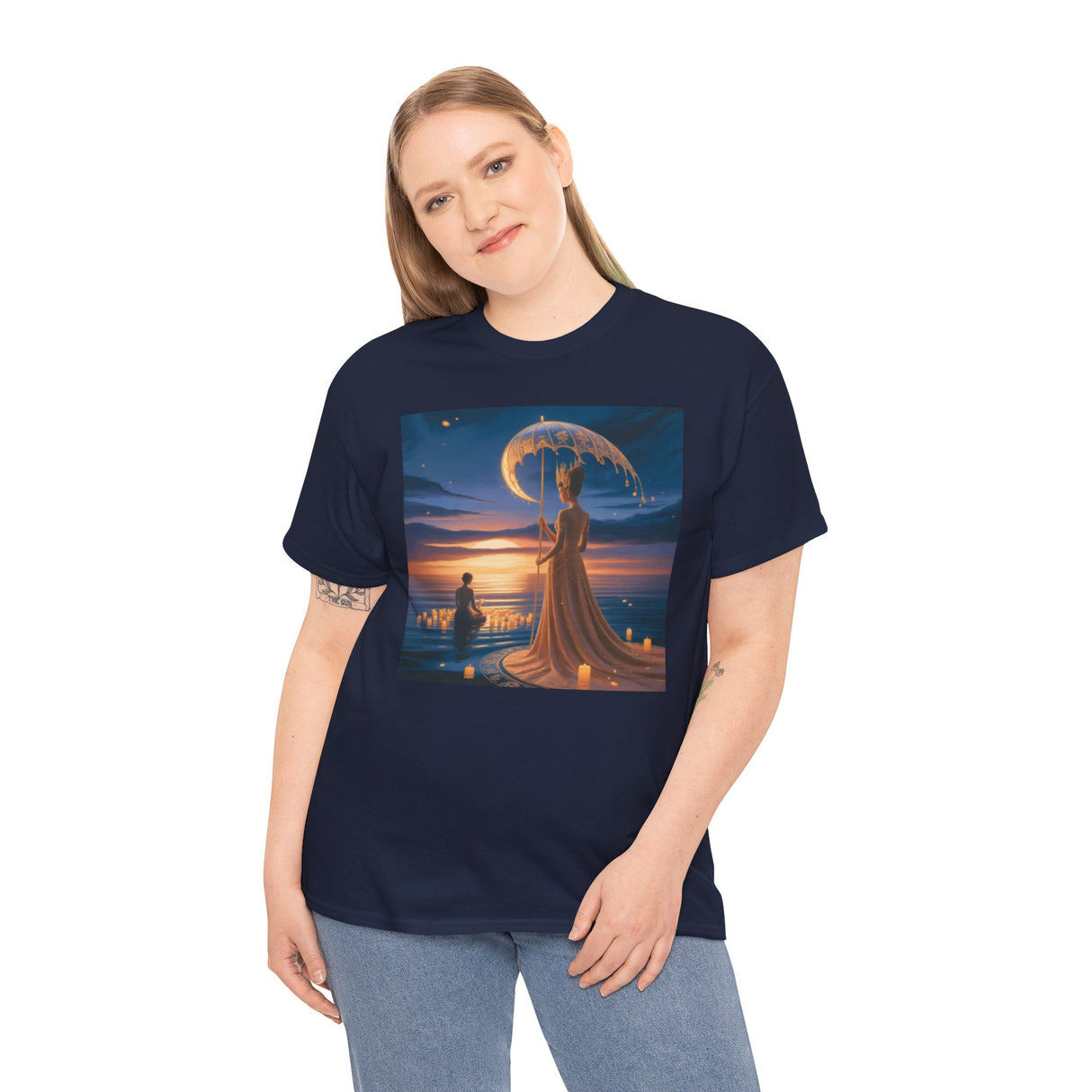 Romantic Moonlit Couple T-Shirt — Sunset Fantasy Illustration Tee bundled with other graphic tees for a trendy collection.