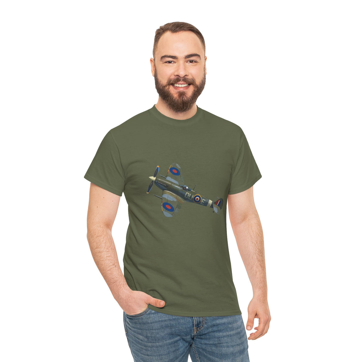 Vintage WWII Spitfire Fighter Plane T-Shirt with a scenic backdrop of an airshow
