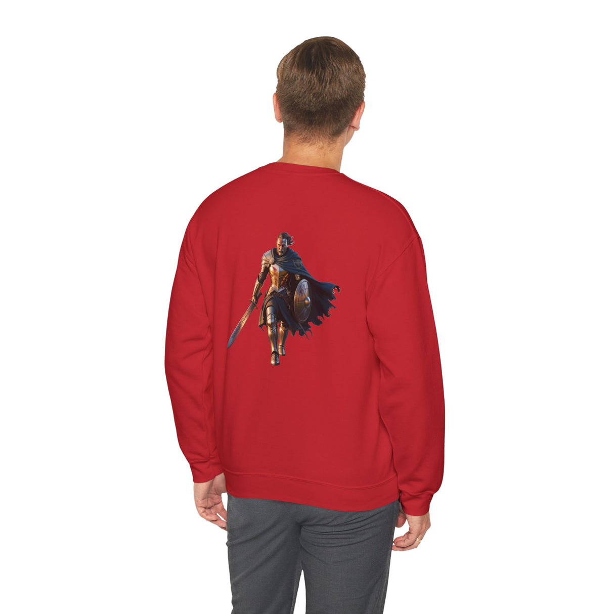 Person enjoying a chill walk in the Crewneck Sweatshirt — Medieval Knight & Eagle Graphic.