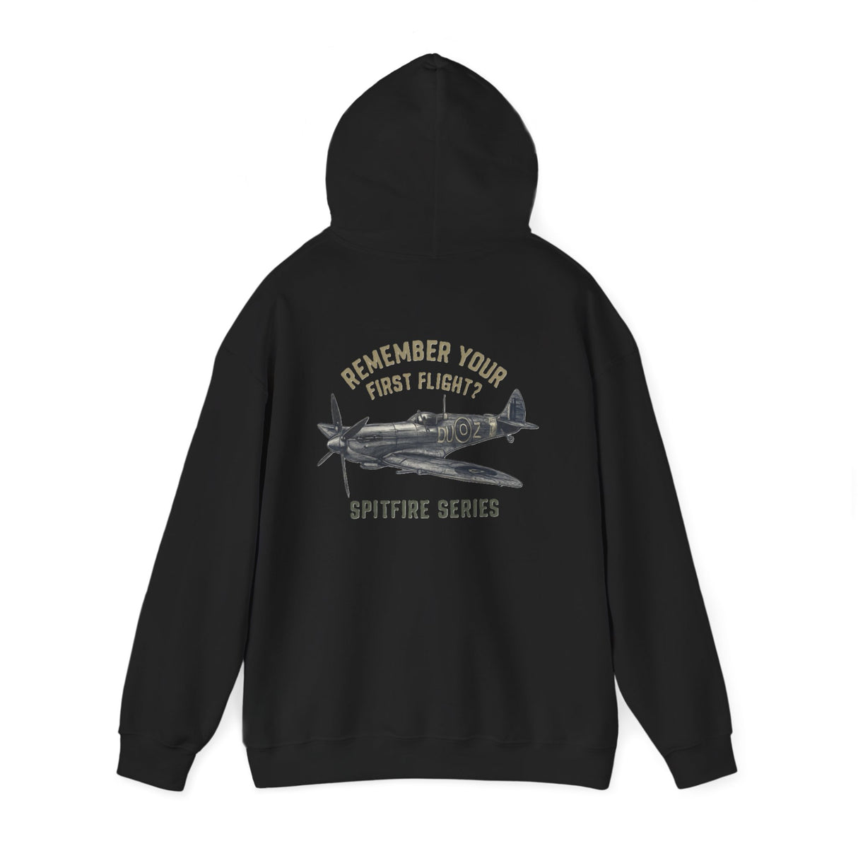 Spitfire Series Hoodie on a mannequin, showcasing its relaxed silhouette and unique aviation-themed design.