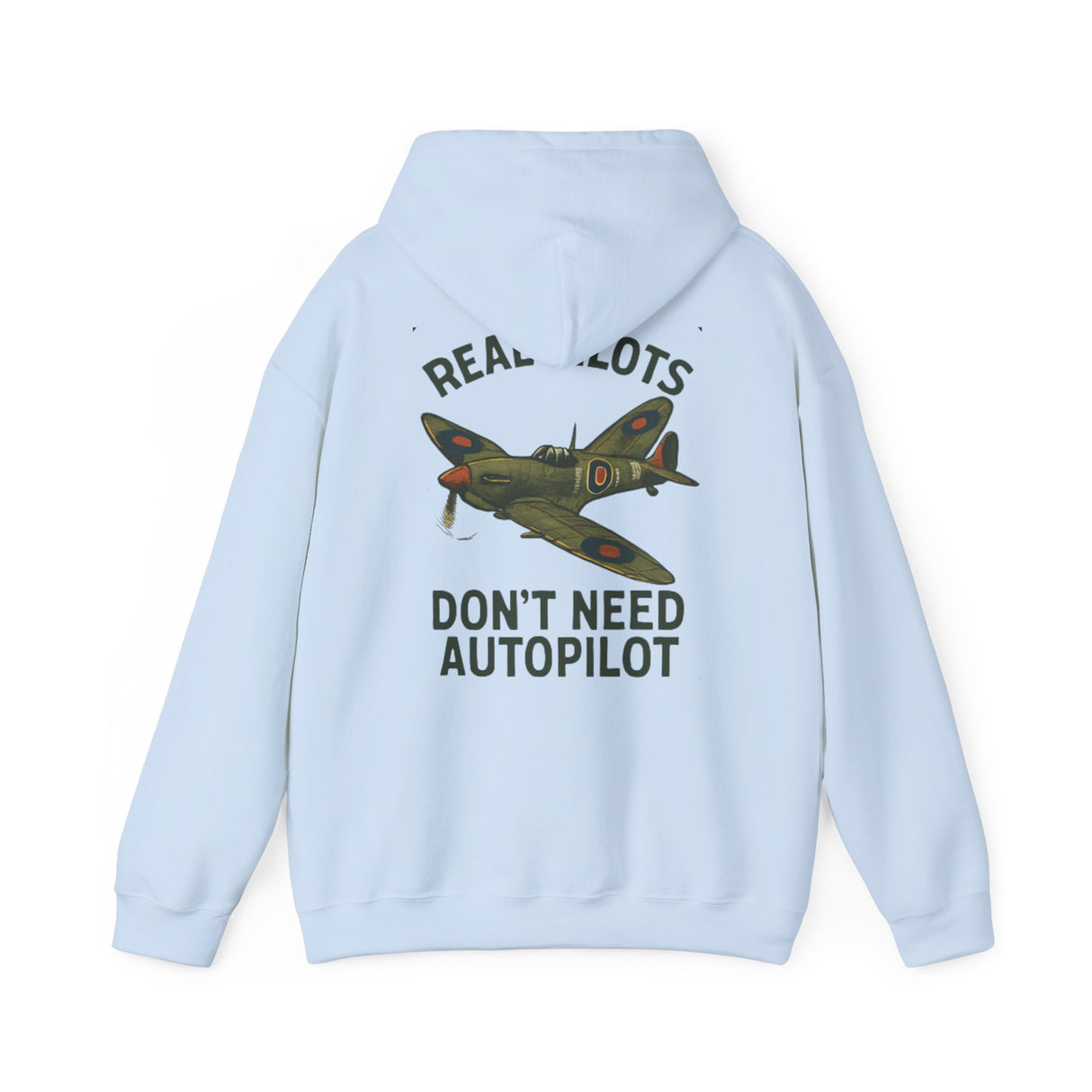 Casual setting showcasing the Pilot Hoodie – 'Real Pilots Don't Need Autopilot' with a vintage fighter plane graphic.