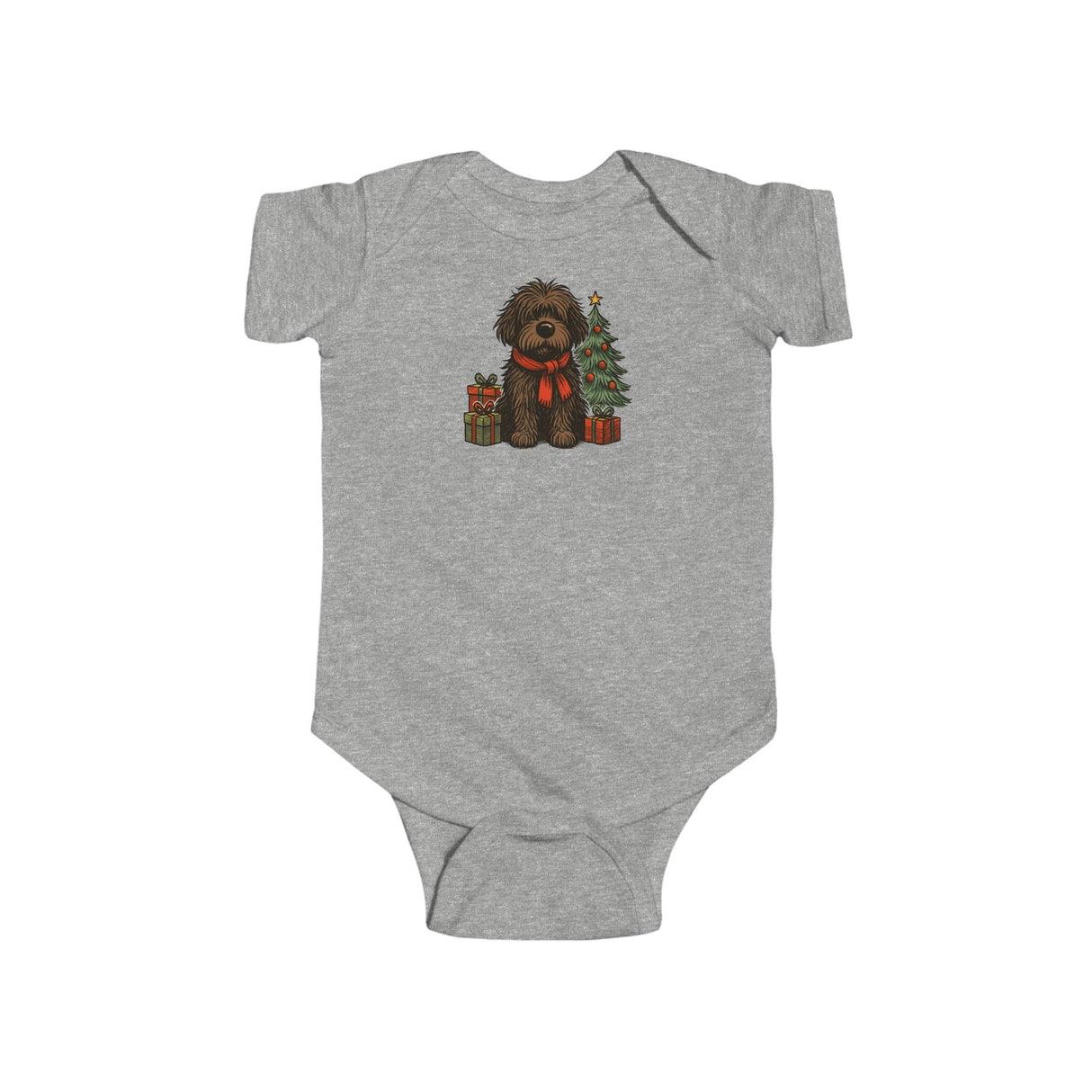 Infant Onesie — Cute Christmas Puppy with Tree & Presents showcasing soft cotton fabric and ribbed knit binding.
