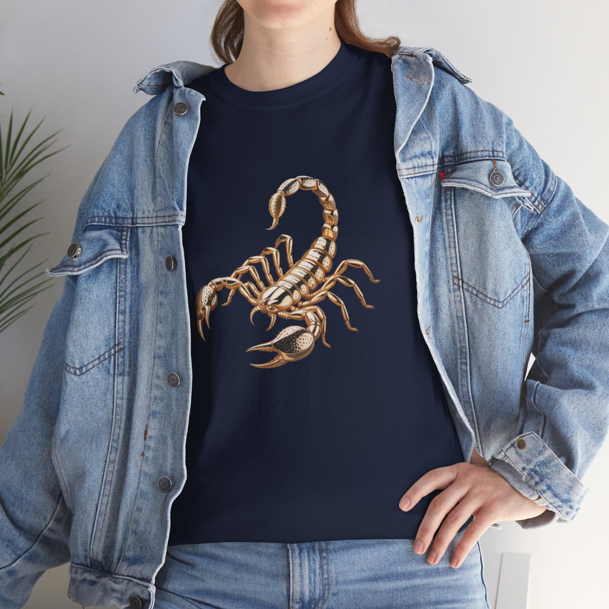 Model posing in the Scorpion Graphic Tee — Desert Scorpion Illustration T-Shirt with a stylish urban backdrop.
