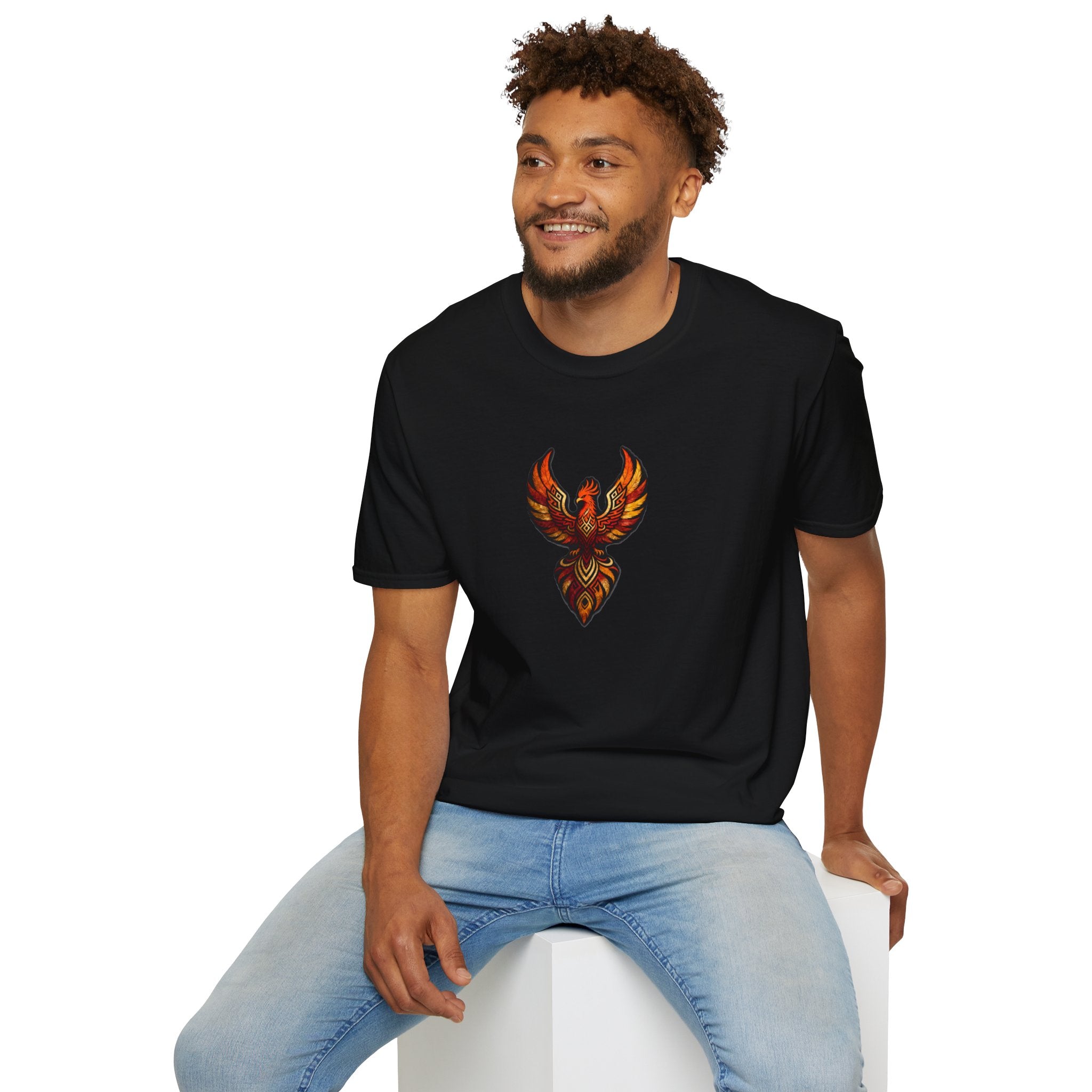 Phoenix Tribal Graphic T-Shirt Fiery Bird Design Tee in urban setting, featuring a vibrant phoenix design black