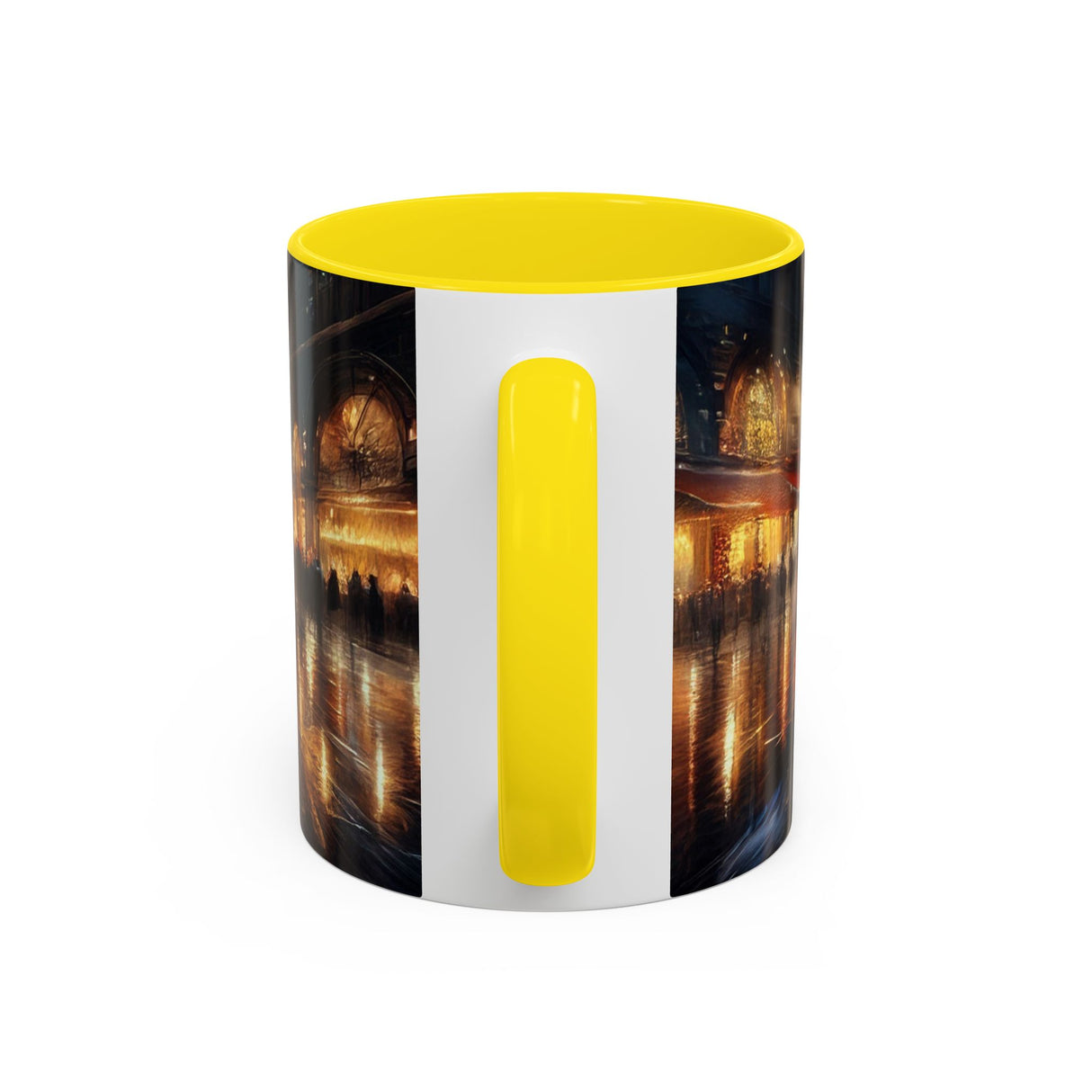 Elegant Nighttime Cityscape Coffee Mug shown with inspirational quotes, perfect for coffee lovers.