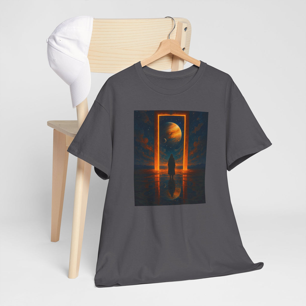 Surreal Portal Moon Tee incorporated into a chic outfit for a trendy appearance.