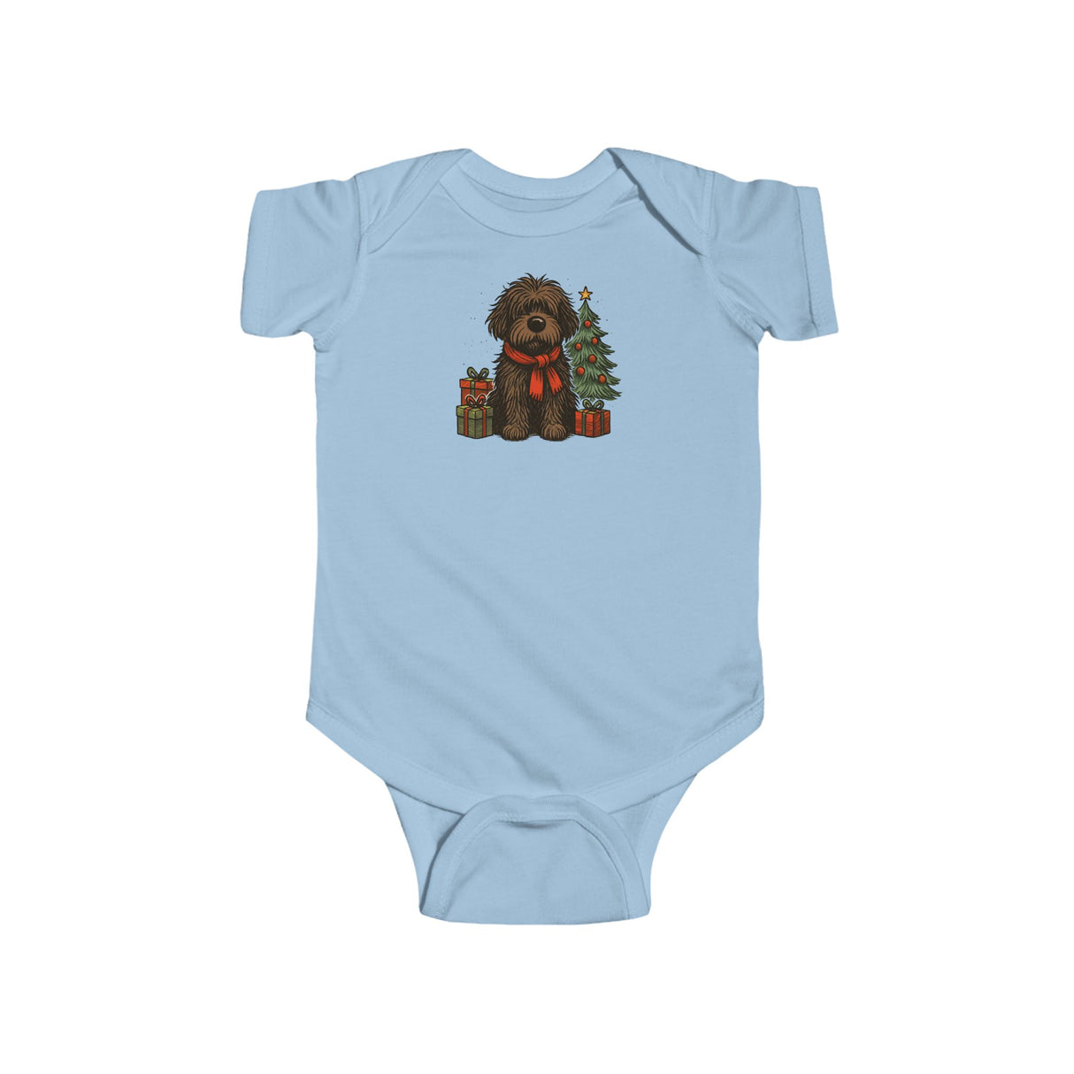 Baby Bodysuit — Cute Christmas Puppy with Tree & Presents Infant Onesie featuring a fluffy puppy beside a Christmas tree.