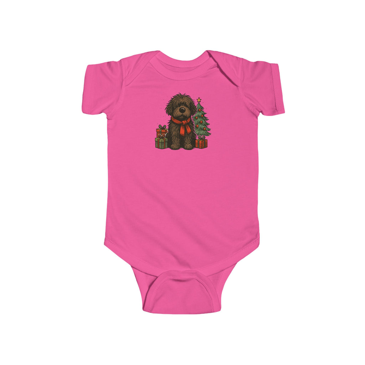 Baby Bodysuit — Cute Christmas Puppy with Tree & Presents displayed on a festive background perfect for newborn holiday celebrations.