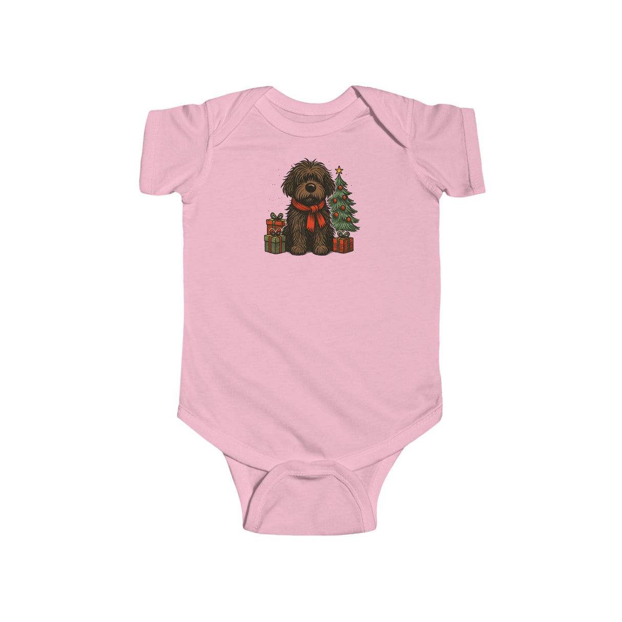 Back view of Baby Bodysuit — Cute Christmas Puppy with Tree & Presents highlighting the snap closure for easy diaper changes.