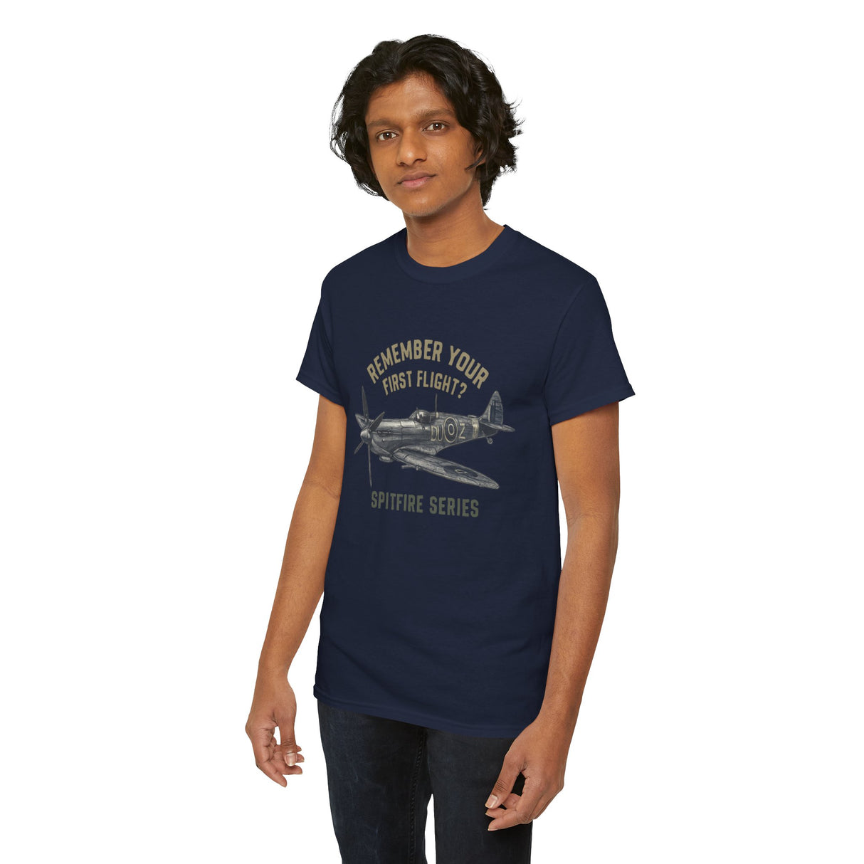 Vintage Spitfire aircraft graphic on the 'Remember Your First Flight' Tee, highlighting its nostalgic theme.