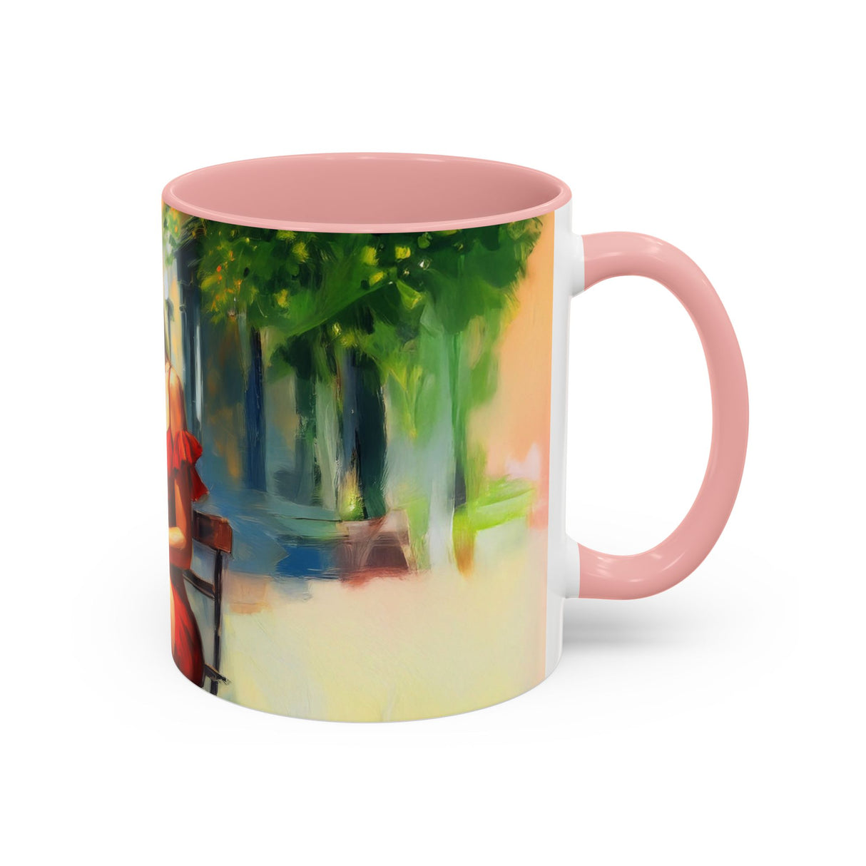 Artistic Red Dress Accent Coffee Mug - 11oz on a desk with laptop, suitable for work setup