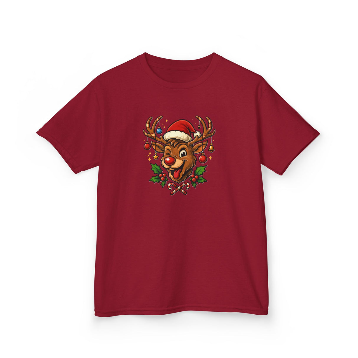 Kids Christmas Reindeer Tee — Cute Santa Hat Rudolph Holiday Shirt designed for festive occasions and casual wear.