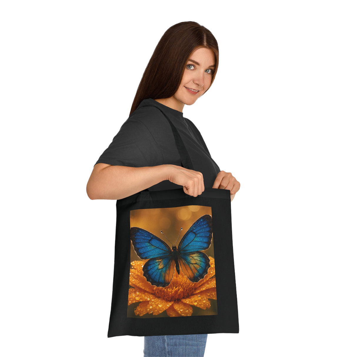 Inside view of the Blue Butterfly Cotton Tote — Nature Floral Reusable Shopper Bag, showing its spacious interior with smooth cotton fabric.