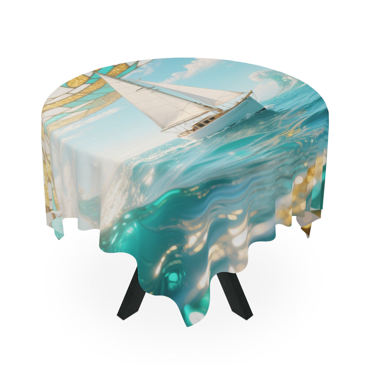 Lifestyle setting of the Vintage Carved Birds Tablecloth draped over a small square table, perfect for cozy brunches or intimate dinners.