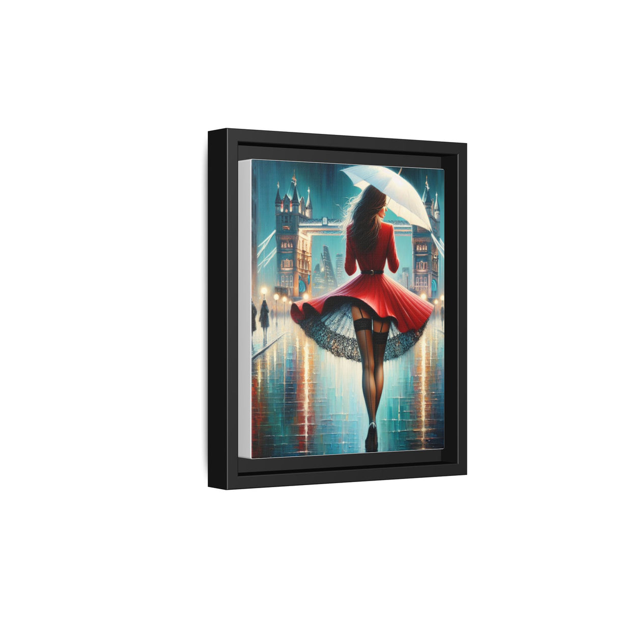 Framed Matte Canvas Print — Red Coat Woman in Rainy Cityscape, highlighting the modern slim black frame and matte finish of the canvas.