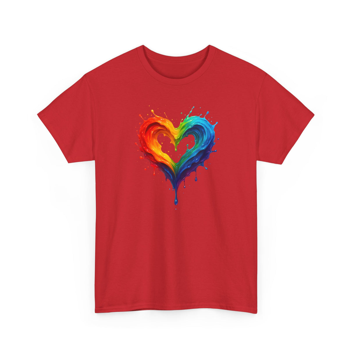 Artistic display of the Rainbow Drip Heart T-Shirt against an outdoor background, echoing its vibrant theme.