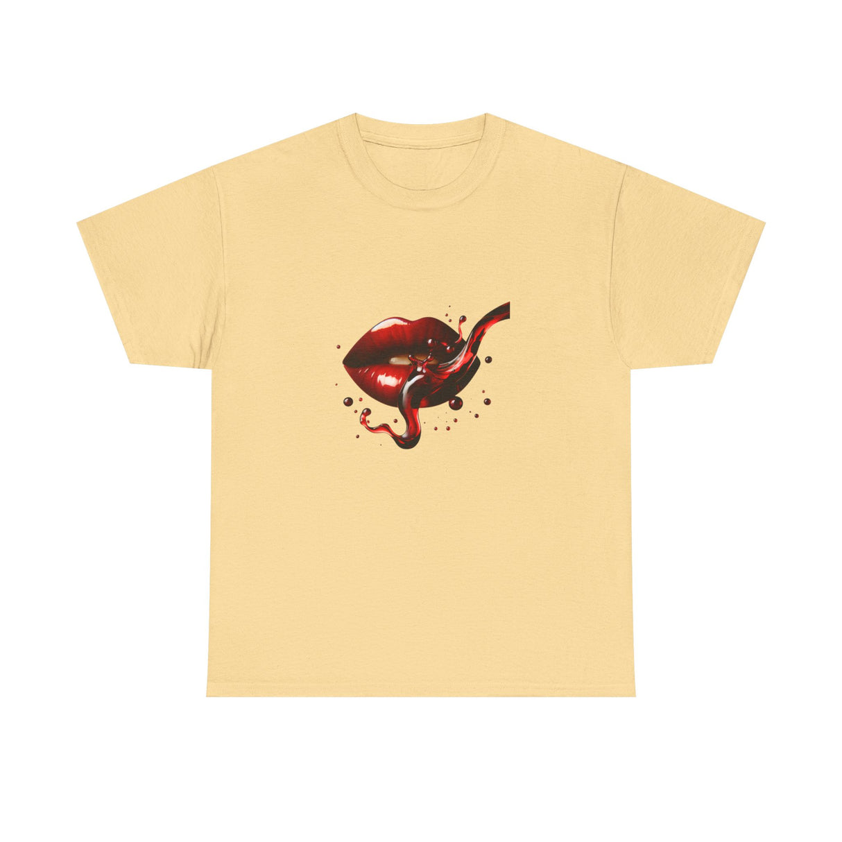 Model wearing the Lip Bite Graphic Tee with a striking red lips graphic and casual outfit.