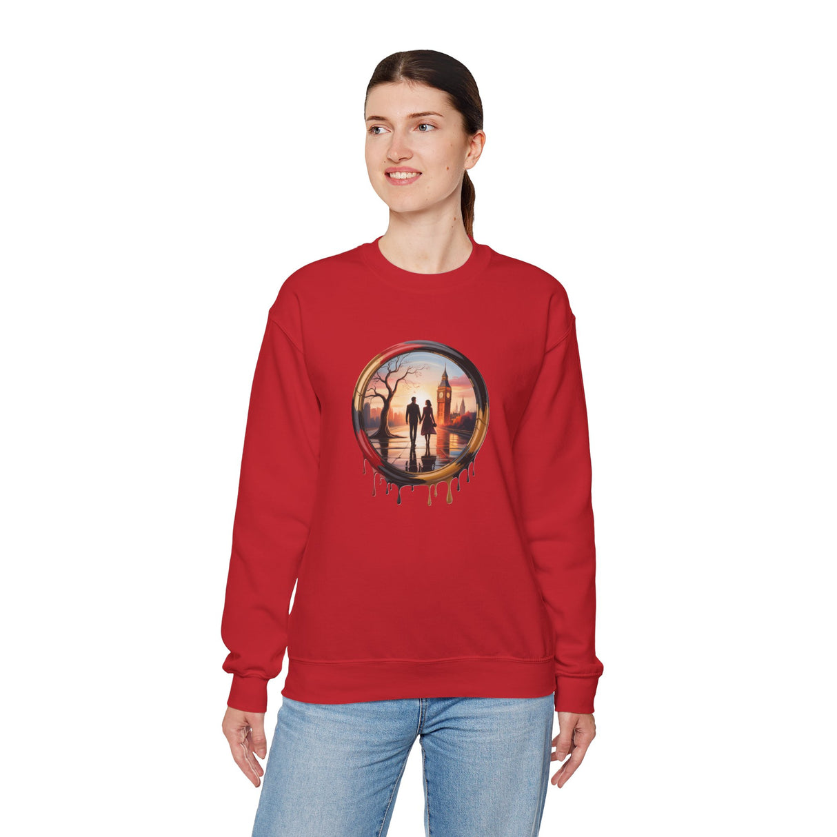 Crewneck Sweatshirt - Sunset Couple Silhouette in Dripping Circle laid on a table, demonstrating its high-quality print and craftsmanship.