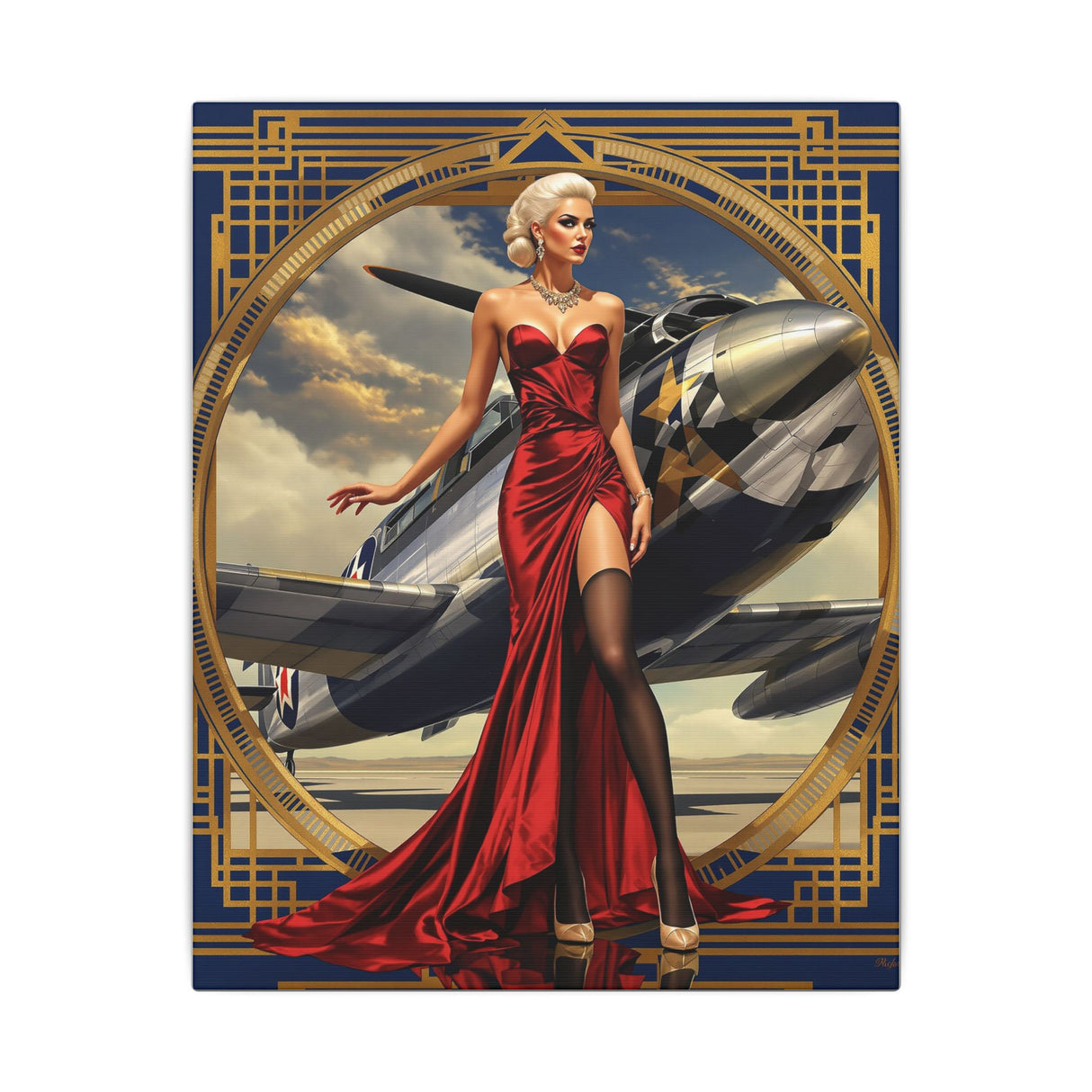 Aviator Pin-Up Matte Canvas Print showcasing a glamorous woman in a flowing red gown beside a WWII warplane, framed by a gold art-deco border.