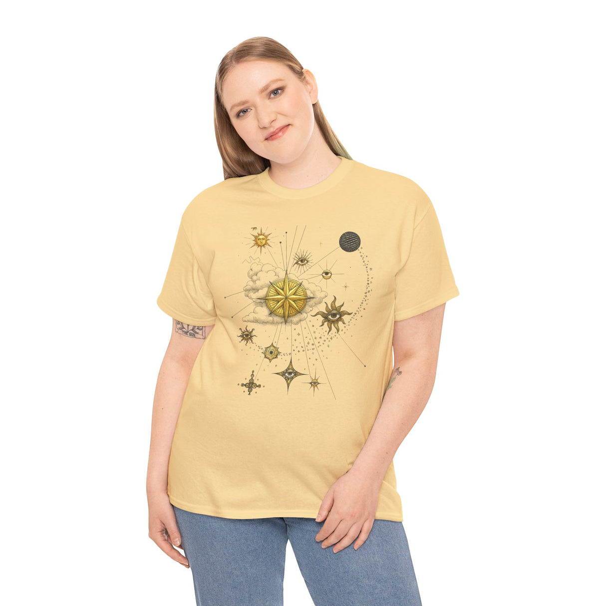 A model displays the Celestial Gold Star Map T-Shirt against a backdrop of a city skyline.