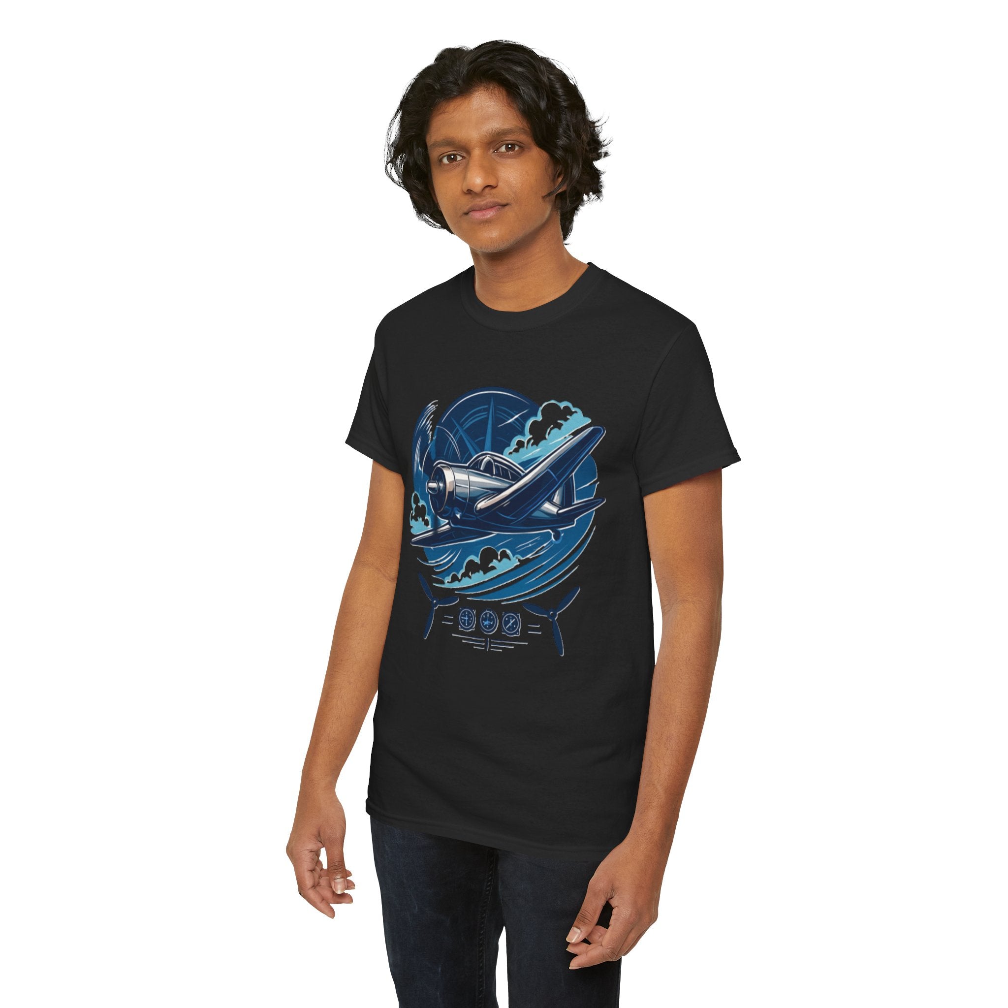 Vintage Propeller Plane T-Shirt displayed on a shelf among other retro aviation merchandise.