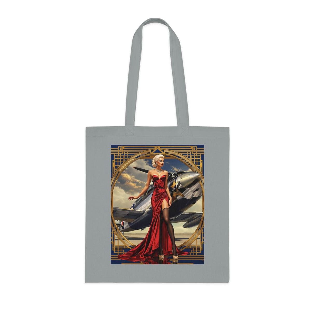 Vintage Pinup Tote Bag displayed outdoors, emphasizing its lightweight cotton design perfect for everyday use with retro-style artwork.