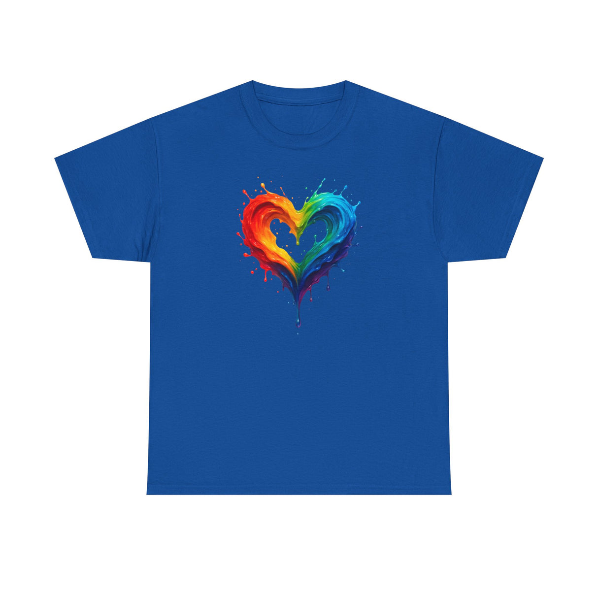 Rainbow Drip Heart T-Shirt showcased on a hanger, emphasizing the bright heart design against the white fabric.