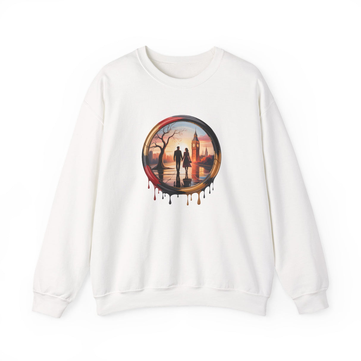 Front view of the Crewneck Sweatshirt - Sunset Couple Silhouette in Dripping Circle, capturing the central artwork on soft fabric.