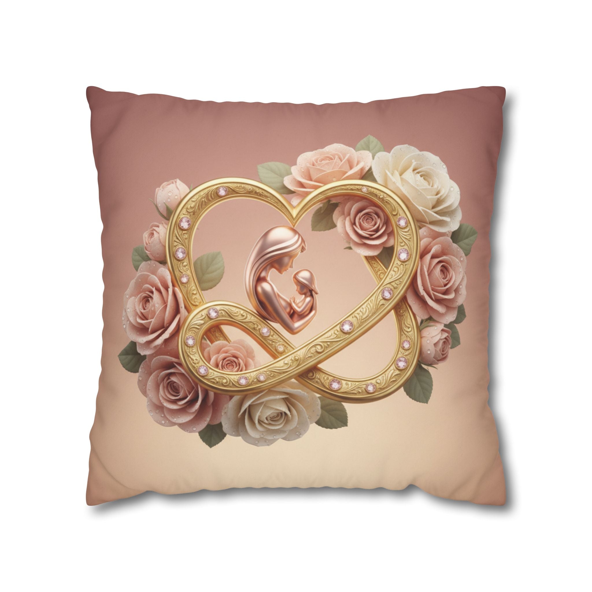 Mother & Baby Heart Decorative Pillowcase — Floral Rose Infinity Design