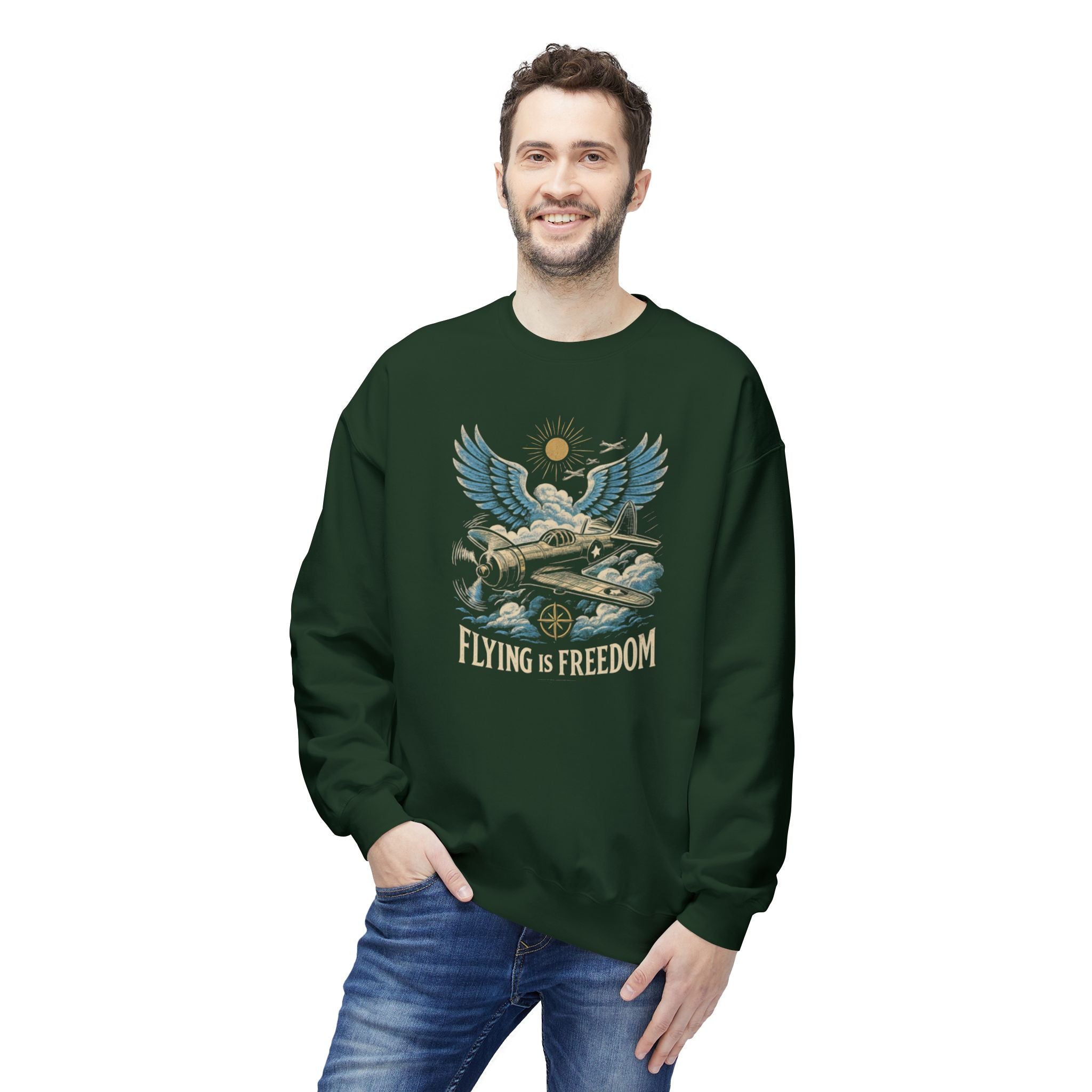 Flying Is Freedom Sweatshirt — Retro Winged Plane Vintage Crewneck US