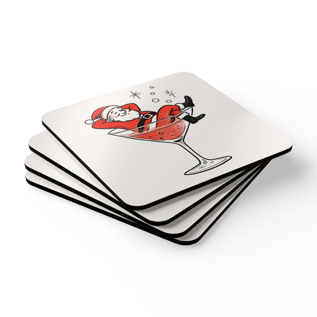Close-up of the Christmas Santa in Cocktail Corkwood Coaster Set showcasing the glossy finish and natural cork backing for anti-slip protection.