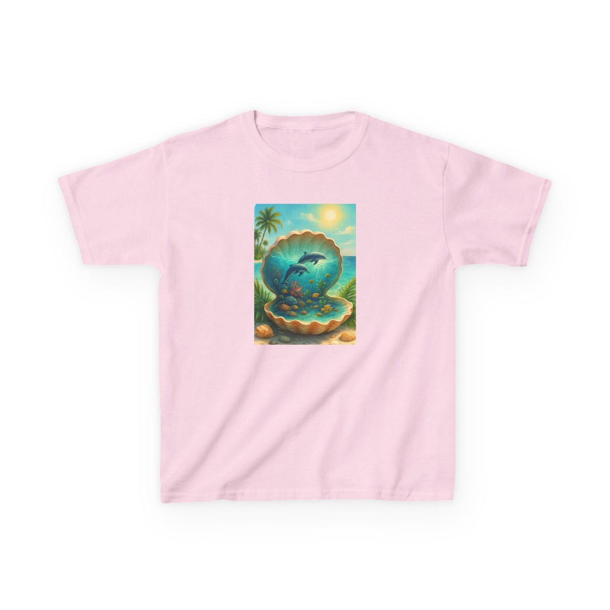Full view of the Kids Tee — Ocean Pearl Dolphin Shell Beach Graphic in a casual outfit setting.