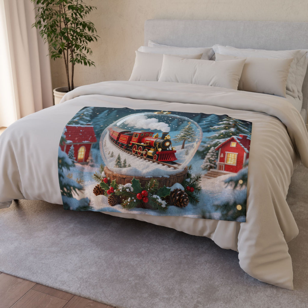 Cozy Christmas Train Snow Globe Blanket featuring a red steam train in a snowy scene, perfect for winter nights.
