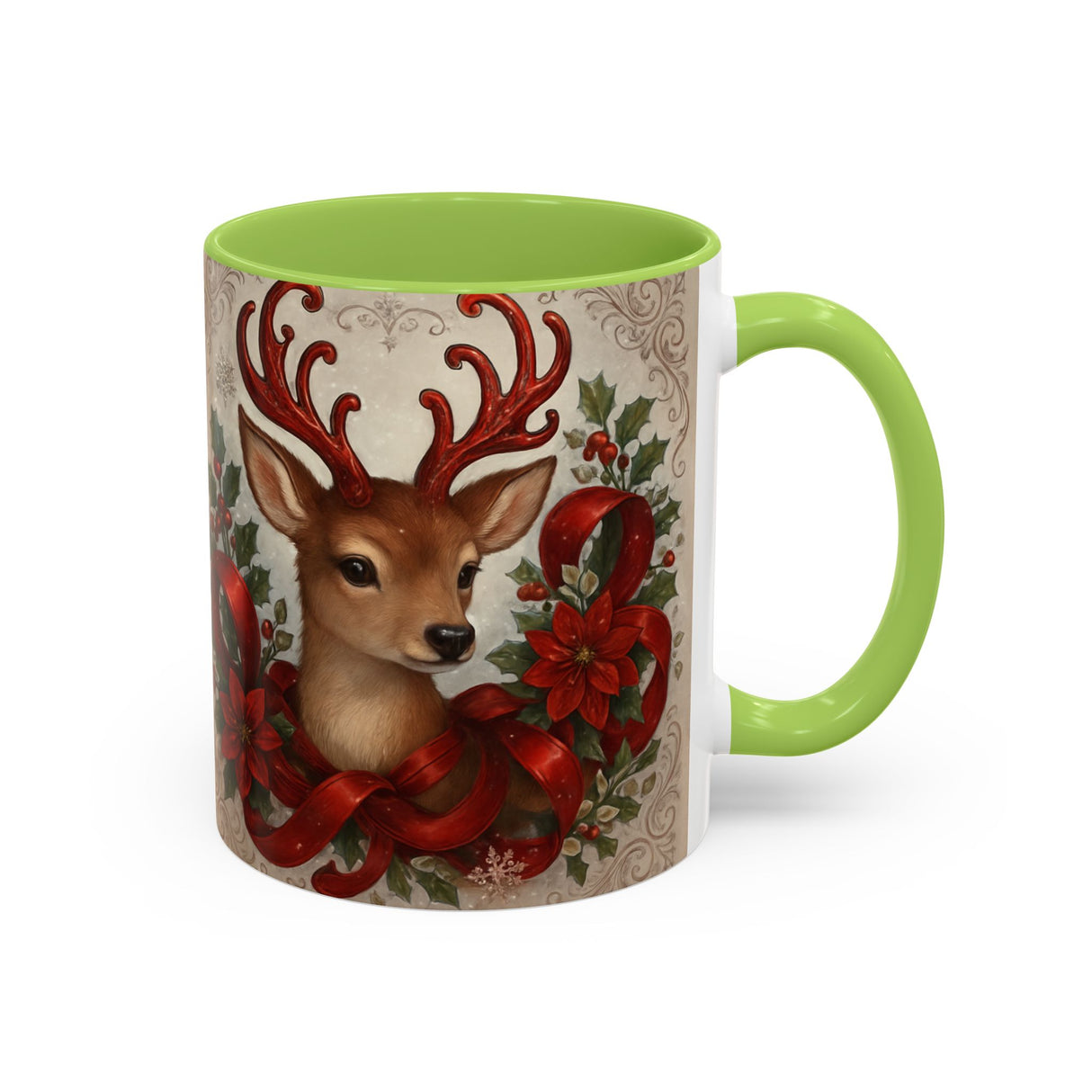 Close-up of the ornate details on the Christmas Reindeer Coffee Mug, featuring seasonal motifs.