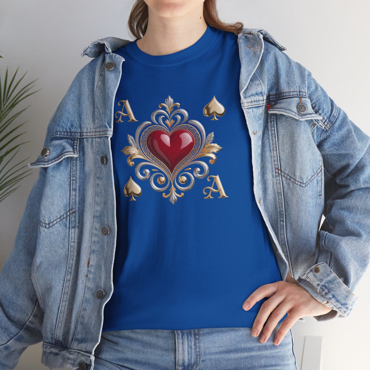 Ace of Hearts T-Shirt with detailed view of the fabric, focusing on durability and ethical sourcing.