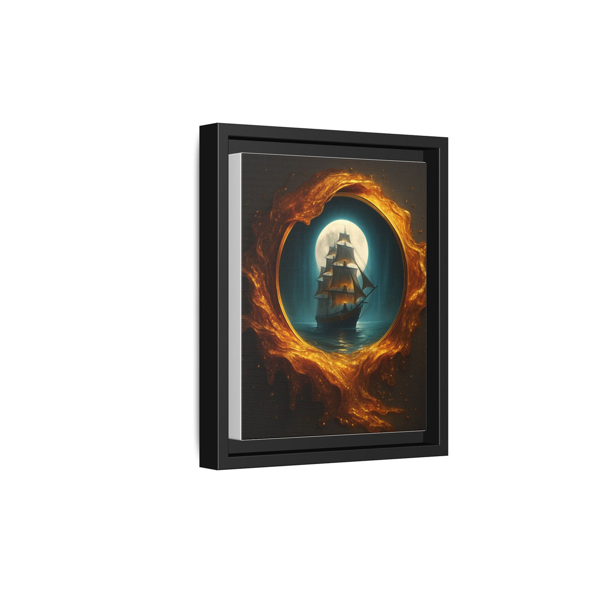 Artistic view of the Framed Matte Canvas - Moonlit Pirate Ship with Fiery Vortex featuring vivid color depth.