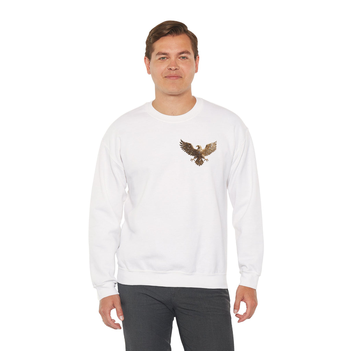Model wearing the Crewneck Sweatshirt — Medieval Knight & Eagle Graphic during a cozy coffee moment.