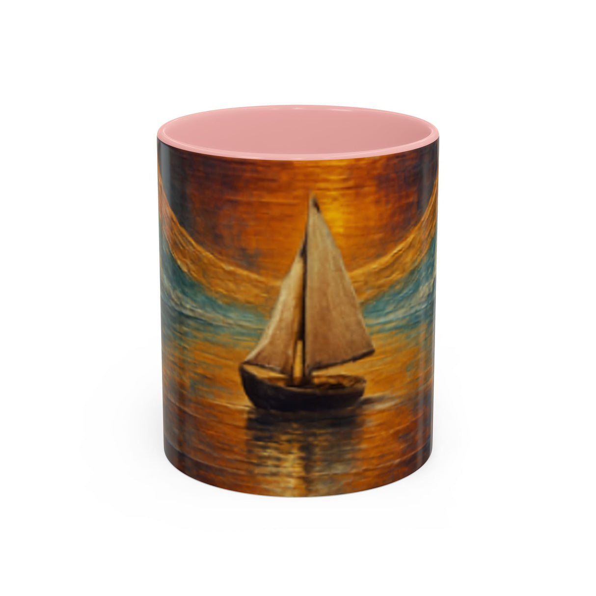 Sail into the Sun Ceramic Coffee Mug displayed on a rustic wooden table, highlighting its glossy finish and detailed artwork.